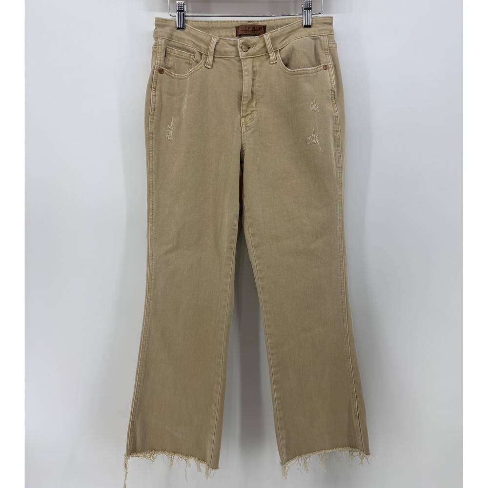 Judy Blue Mid Rise Bootcut Jeans Women 7/28 Khaki Garment Dyed Raw Hem